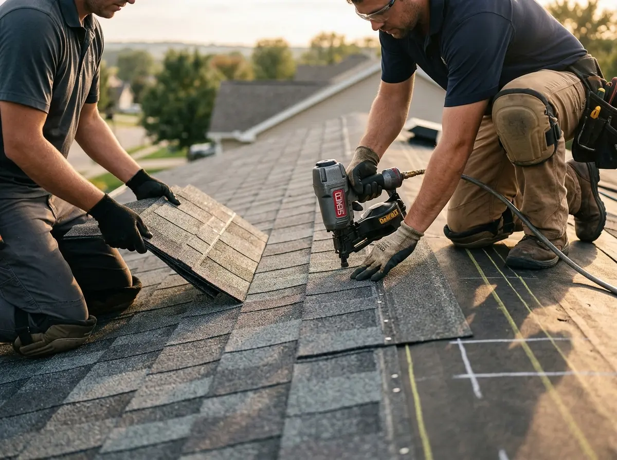 Professional roofer working on a residential roof in Moab